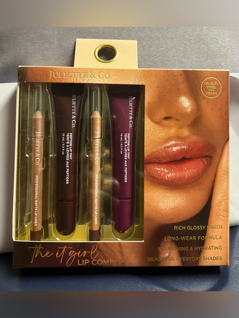 Juliette & Co. The It Girl Lip Combos: Matte lip liner/ peptide lip tint.